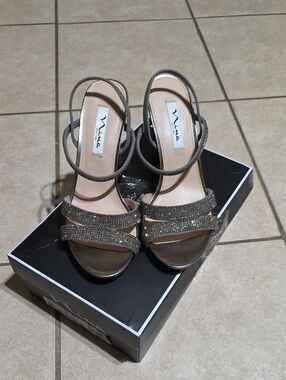 Nina Taupe Rhinestone Strappy Dress Heels